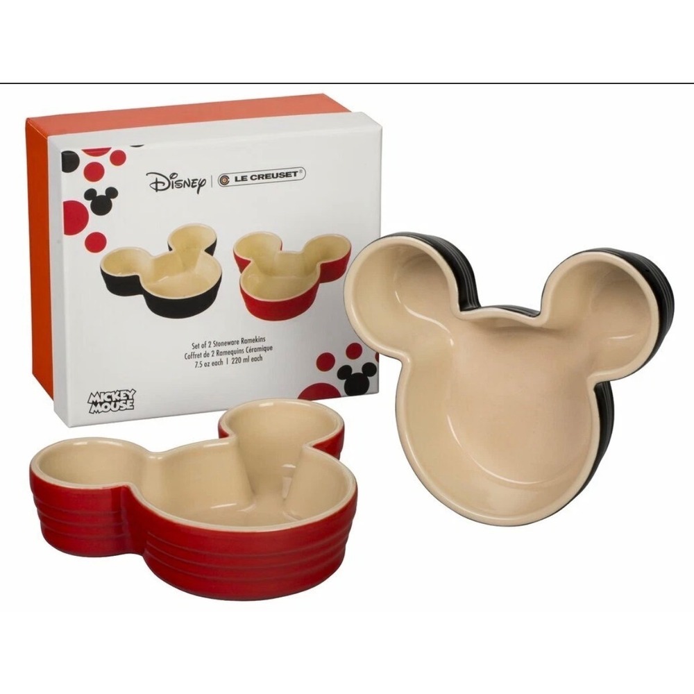 Le Creuset Disney Mickey Mouse Stoneware Ramekins Set of 2 Red Black 7.5oz New
